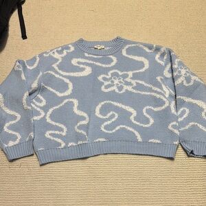 Eesome Blue and White Crew Neck Sweater with Decorative Patterns